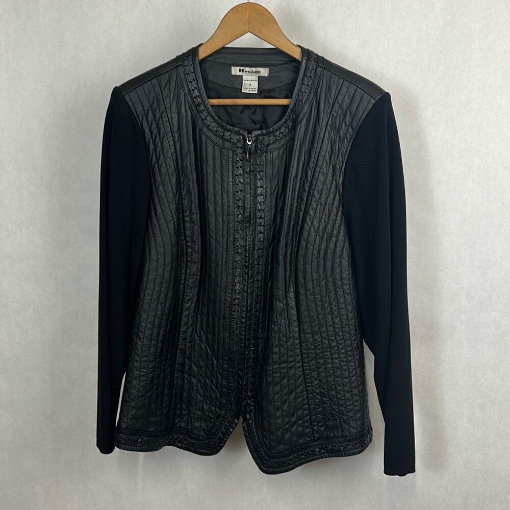 Vtg Peter Nygard Womens Leather & Knit Jacket Sz 1X Black Zip Front 90s